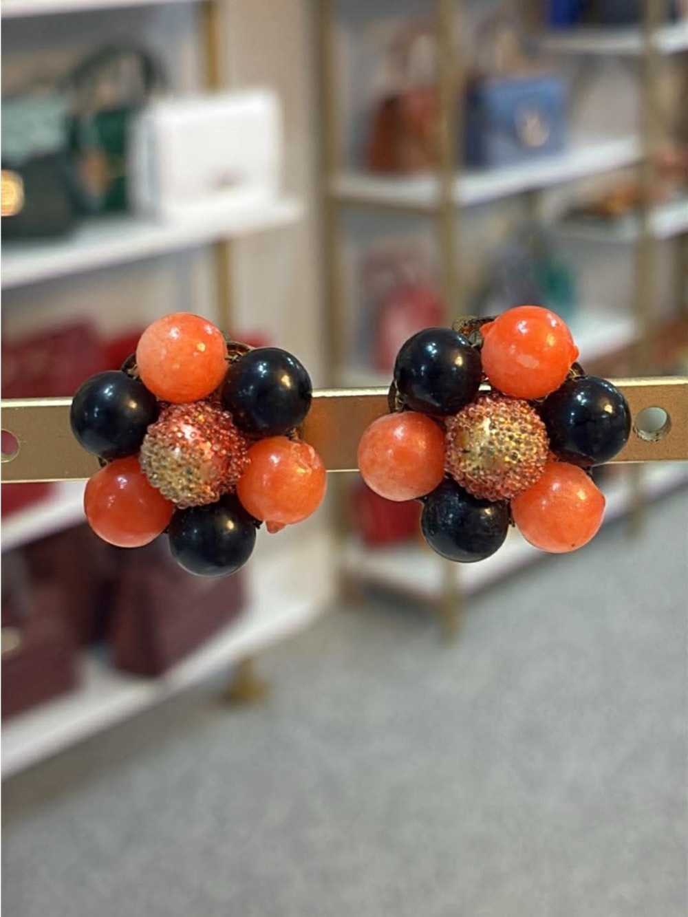 Japan Beaded Cluster Clip-On Earrings - Orange & Black